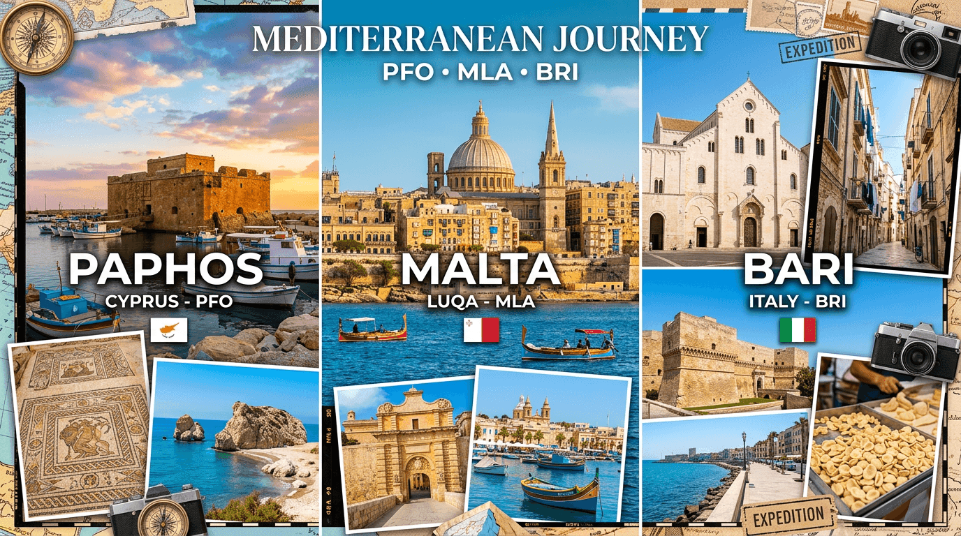 Multi-city trip: PFO, Luqa, Bari